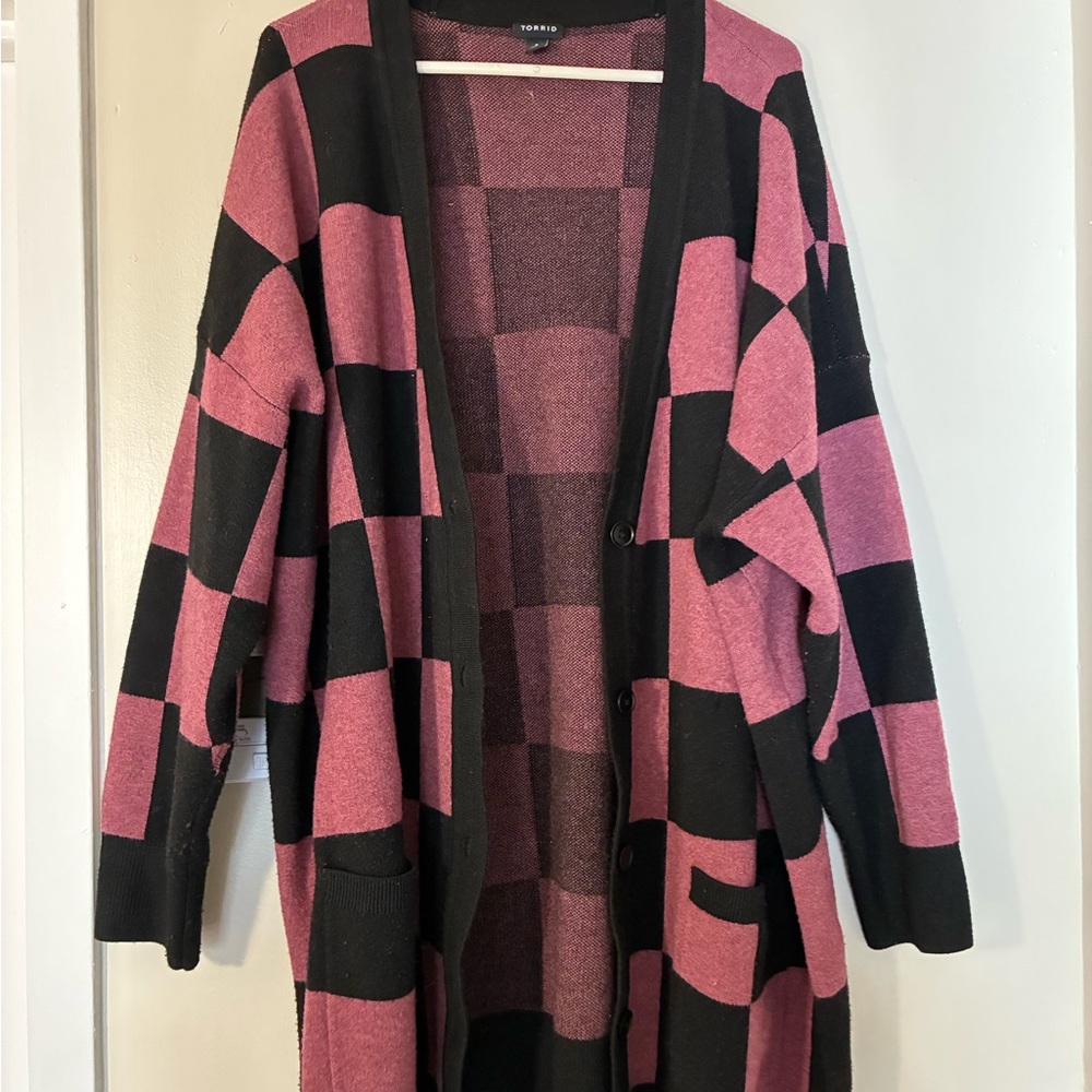 Torrid Maroon and Black Checkerboard Open Cardigan